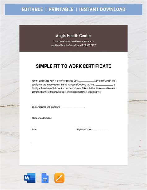 Free Simple Fit To Work Certificate Template - Google Docs, Word, Apple Pages | Template.net