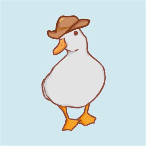 a white duck wearing a brown hat and standing on one leg with its legs ...