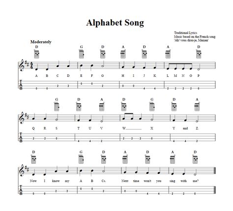 Alphabet Song: Chords, Sheet Music, and Tab for Baritone Ukulele with Lyrics