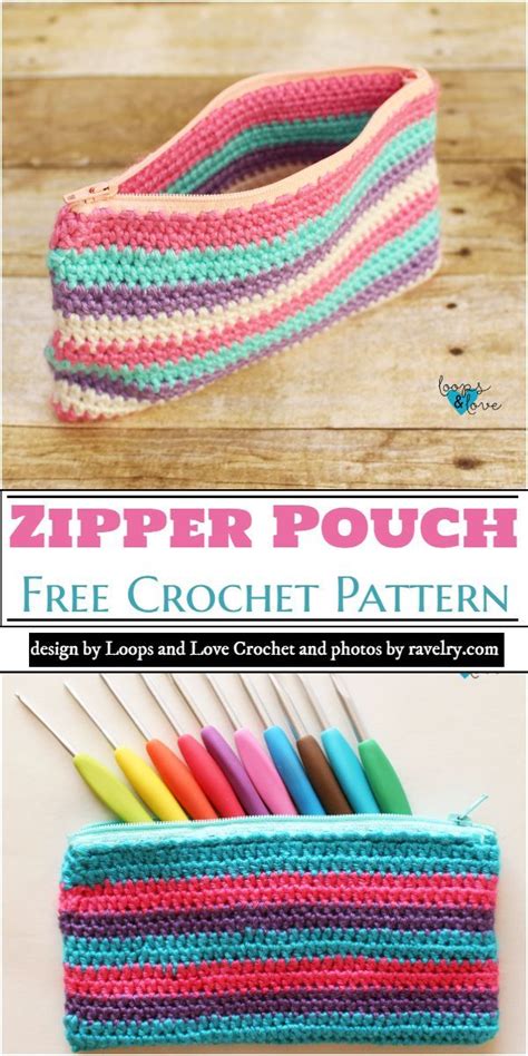 the zipper pouch is made with free crochet pattern and has four different colors