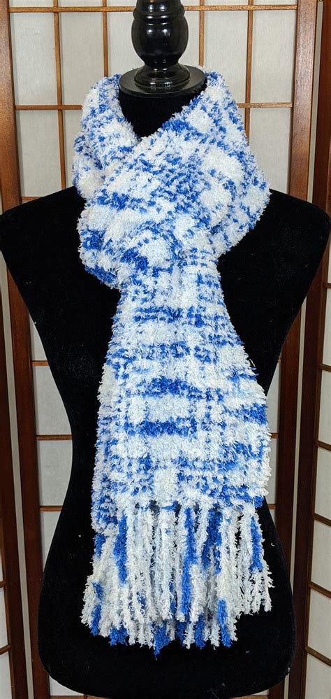 Blue and white scarf fluffy scarf handwoven scarf | Etsy | White ...