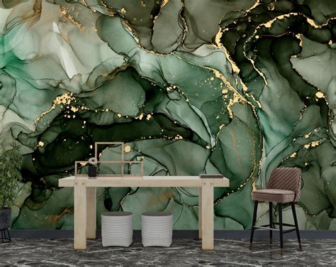 Fluid Green Gold Art Marble Texture Wallpaper – Home Decoram