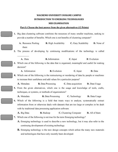 Mid Exam Emerging Technology - WACHEMO UNIVERSITY DURAME CAMPUS INTRODUCTION TO EMERGING - Studocu