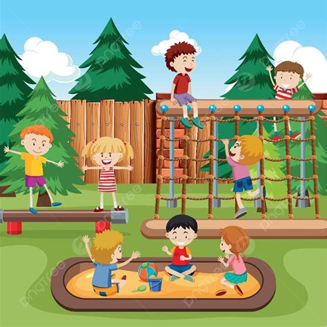 Happy Kids Playground Scene Park Grass Girl Vector, Park, Grass, Girl ...