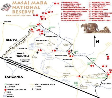 map of masai mara national reserve showing the location of many ...