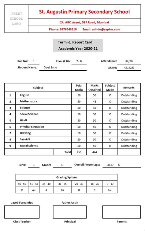 School Report Card And Mark Sheet Excel Template - MSOfficeGeek