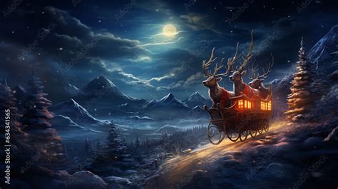 Santa's Sleigh: A stunning image of Santa's sleigh with reindeer soaring through a starry night ...