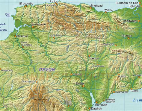 South West England County Map with strong relief @1,000,000 scale in ...