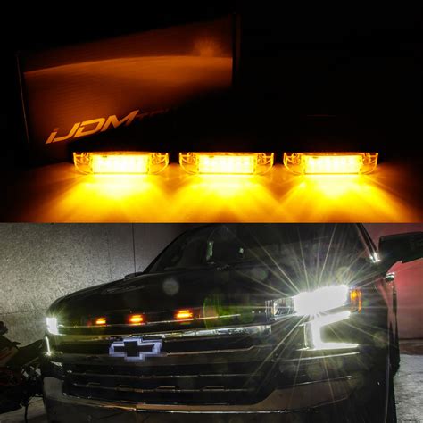 3pcs Smoke Lens Amber LED Center Grille Lights w/Bracket For 19+ Chevy Silverado — iJDMTOY.com