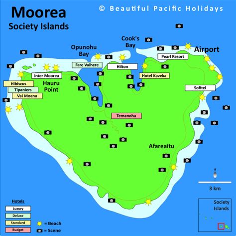 Map of Moorea in the Tahitian Islands showing Hotel Locations