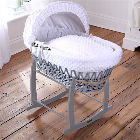 Grey Wicker/white dimples Moses Basket & Grey Deluxe Rocking Stand