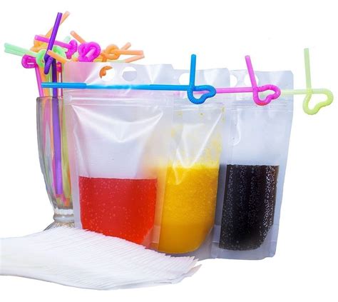 Amazon.com: 100 Pack Drink Pouches Bags with Straws - Translucent Hand-held Reclosable Zipper ...