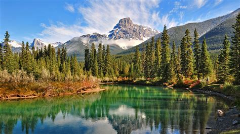 lake, Forest, Mountain, Canada, Summer, Snowy Peak, Green, Grass, Water, Clouds, Nature ...