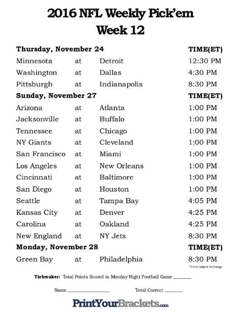 Printable Week 12 NFL Schedule Pick Em Sheets | Pick em, Nfl, Postcard ...