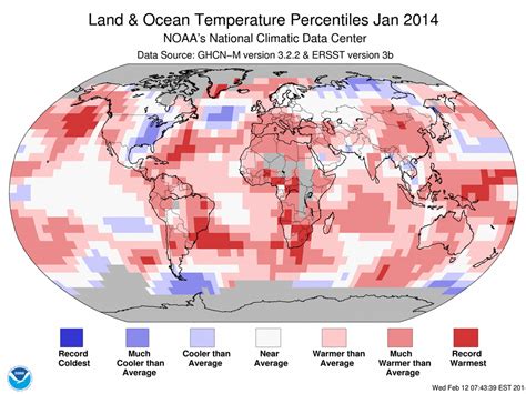 A chart showing average temperatures around the world for January 2014.