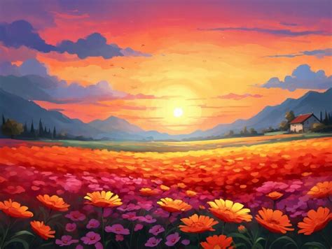 Premium AI Image | A Painting Of A Sunset Over A Field Of Flowers