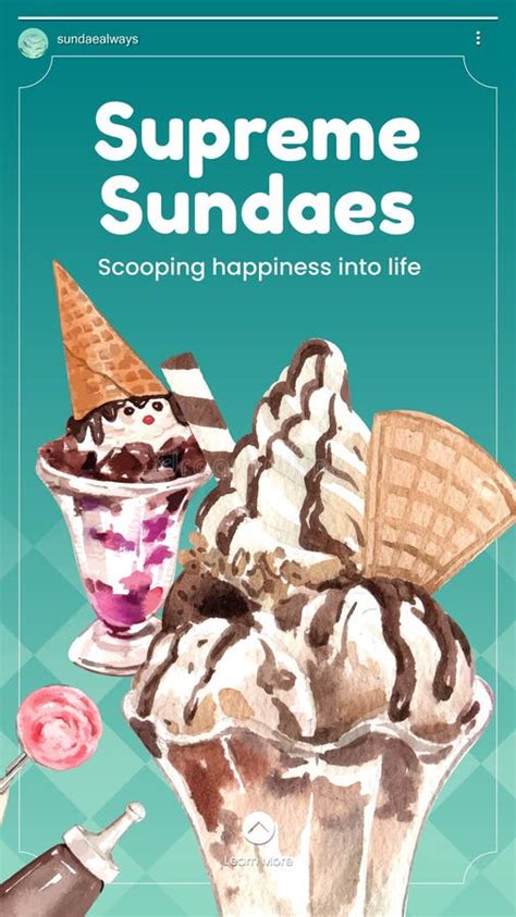 Instagram Story Template with Sundae Ice Cream Concept, Watercolor ...
