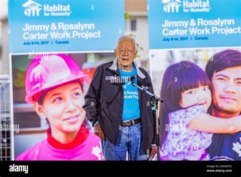 President Jimmy Carter addresses the volunteers for the Jimmy and Rosalynn Carter Work Project ...