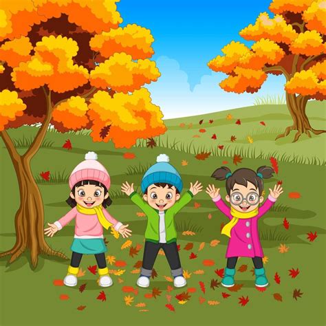 niños felices de dibujos animados jugando en el fondo de otoño 4993850 Vector en Vecteezy