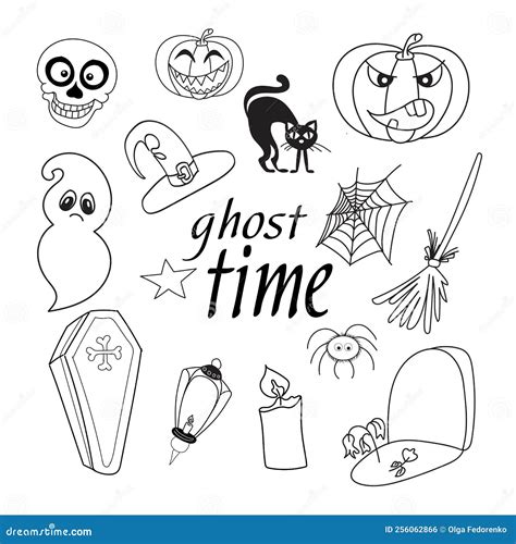 Collection of Black and White Drawings for Halloween. Hand-drawn Elements. Stock Vector ...