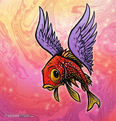 Flying-Fish-Goldfish-with-Floating-Wings-Bizarre-Surrealism-Creature-Brush-Pen-Ink-and-Color ...