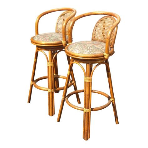 1970s Vintage Tiki Palm Beach Cane Back Bamboo Rattan Swivel Bar Stools ...