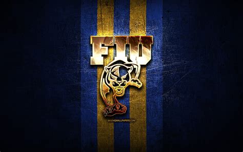 FIU Panthers, golden logo, NCAA, blue metal background, american ...