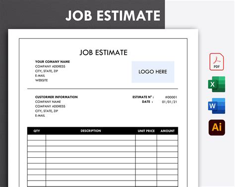 Job Estimate Template Word, Editable Job Estimate, Printable Job Estimate Template, Business Job ...