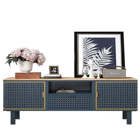 Angel Sar 47 in. Metal Blue TV Stand with 2-Storage Cabinets Fits TV's ...