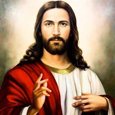 a painting of jesus holding his hand up