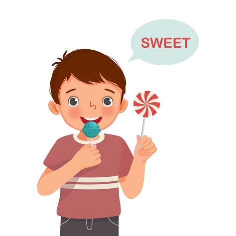 cute little boy holding lollipop candy showing sweet taste of tongue five senses 12664170 Vector ...