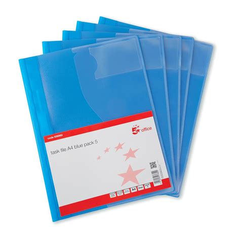 5 Star Office Document Folder Task File Semi-rigid Clear Pocket Front Cover A4 Blue [Pack 5 ...