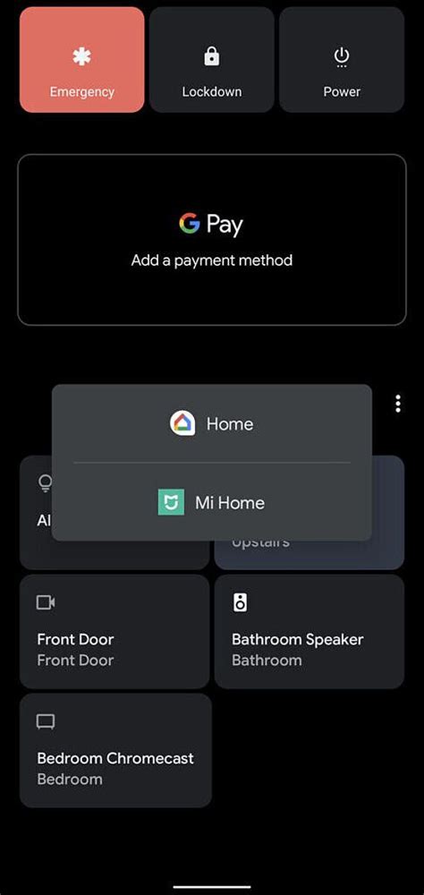 Xiaomi Mi Home shows smart home devices in the Android 11 power menu