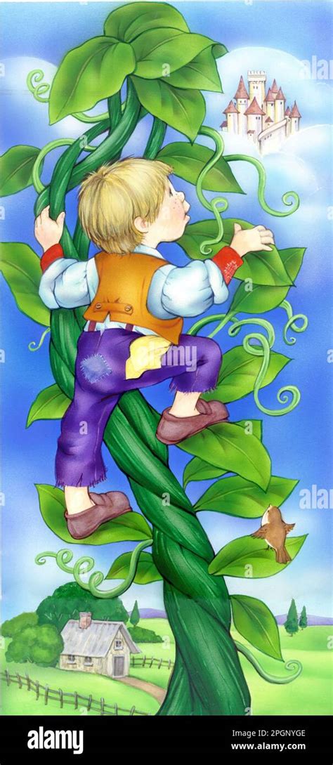 Children's story book-Jack climbing beanstalkto castle in sky Stock ...