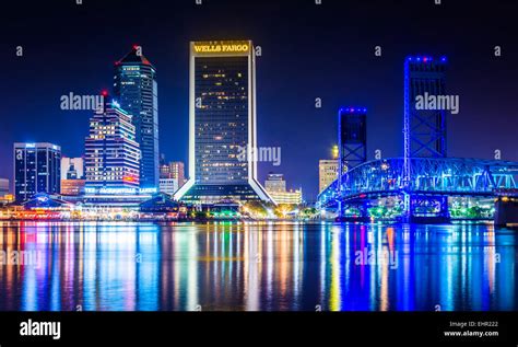 JACKSONVILLE, FLORIDA - JUNE 23: The Jacksonville skyline at night reflecting in St. John's ...