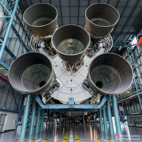 Saturn V rocket on display at Kennedy Space Center. Pictured is the bottom of the rocket, with ...