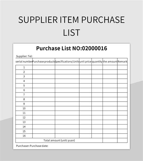 Supplier Item Purchase List Excel Template And Google Sheets File For Free Download - Slidesdocs