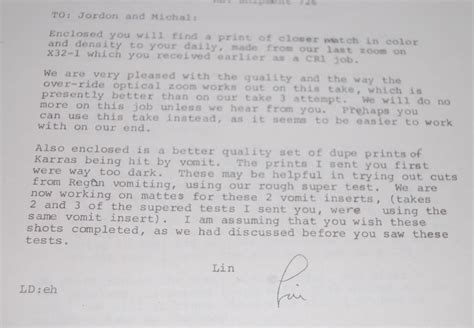 Linwood Dunn Personal Copies of Letters and Memos Concerning His Work on The Exorcist. Optical ...