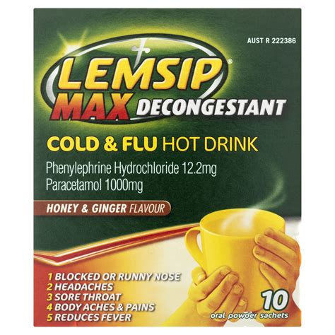 Buy Lemsip Max Decongestant Cold & Flu Hot Drink Honey & Ginger Flavour (Pack of 10 sachets ...