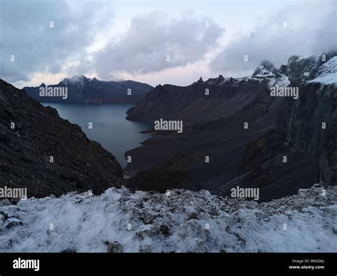 Snow scape of the Heaven Lake on the Paektu Mountain or Changbai Mountain in Yanbian Korean ...