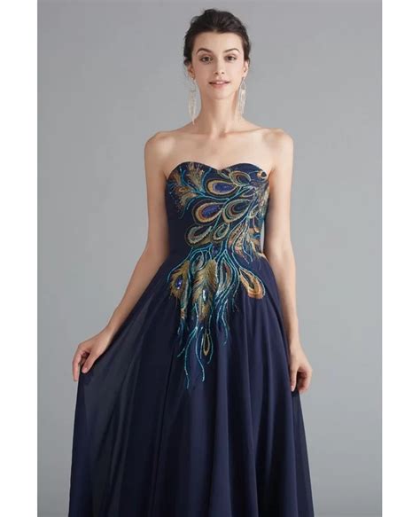 Navy Blue Strapless Long Chiffon Formal Dress With Sequin Decoration #EZG009 - GemGrace.com