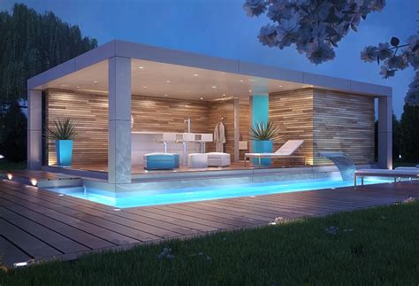 Small modern pool house design. White stucco veneer with light wood siding. Inground pool & deck ...