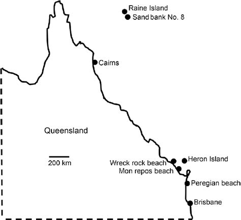 Map of Queensland indicating locations of sampled turtle nesting ...