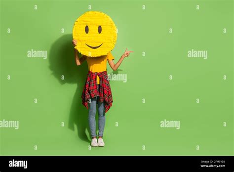 Photo of charming funny dark skin lady dressed t-shirt hiding smiley face pointing empty space ...