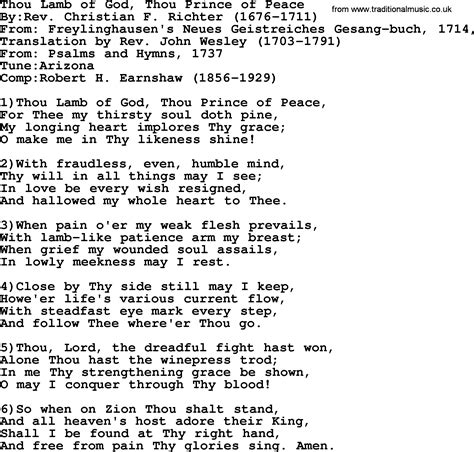 Methodist Hymn: Thou Lamb Of God, Thou Prince Of Peace - lyrics with PDF