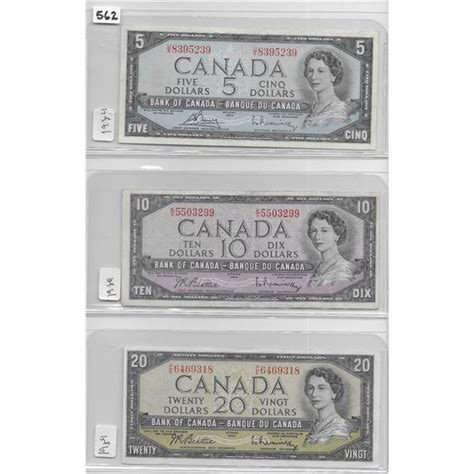 Canadian 5 dollar bill 1954 Bouey/Rasminsky, Canadian 10 dollar bill ...