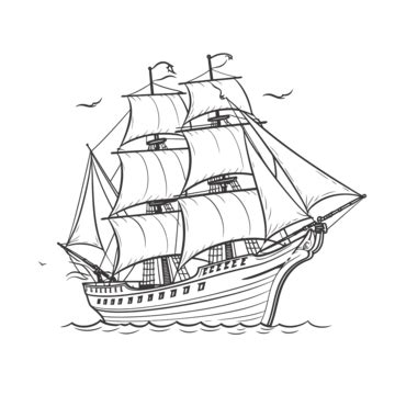 An Outline Of An Old Sailing Ship Sketch Drawing Vector, Wing Drawing, Ship Drawing, Sailing ...