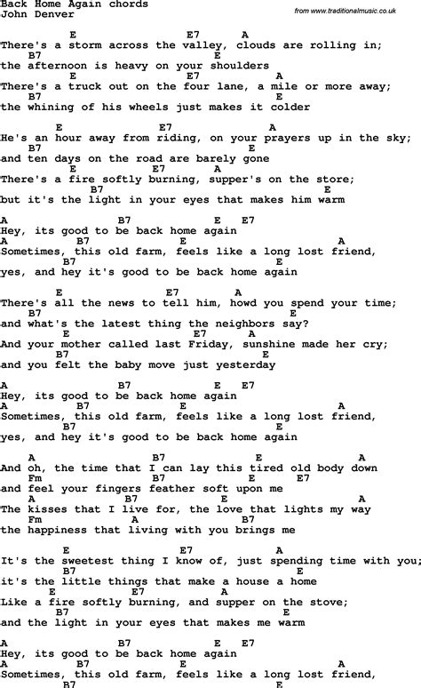 Song lyrics with guitar chords for Back Home Again