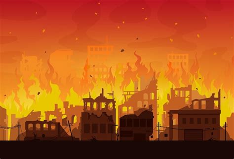 Premium Vector | City in fire, destroyed burning houses and buildings