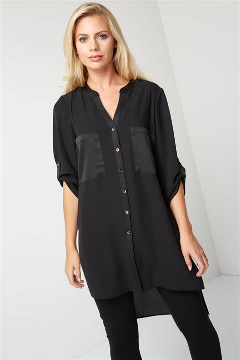 Longline Button Through Blouse in Black - Roman Originals UK